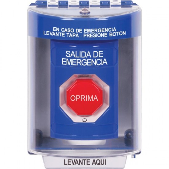 SS2479EX-ES STI Blue Indoor/Outdoor Surface Turn-to-Reset (Illuminated) Stopper Station with EMERGENCY EXIT Label Spanish