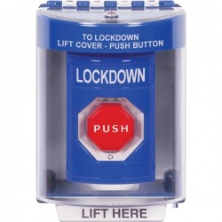 SS2479LD-EN STI Blue Indoor/Outdoor Surface Turn-to-Reset (Illuminated) Stopper Station with LOCKDOWN Label English