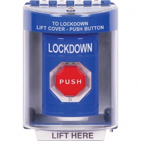 SS2479LD-EN STI Blue Indoor/Outdoor Surface Turn-to-Reset (Illuminated) Stopper Station with LOCKDOWN Label English