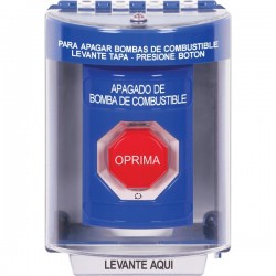 SS2479PS-ES STI Blue Indoor/Outdoor Surface Turn-to-Reset (Illuminated) Stopper Station with FUEL PUMP SHUT DOWN Label Spanish
