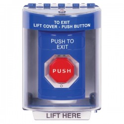 SS2479PX-EN STI Blue Indoor/Outdoor Surface Turn-to-Reset (Illuminated) Stopper Station with PUSH TO EXIT Label English