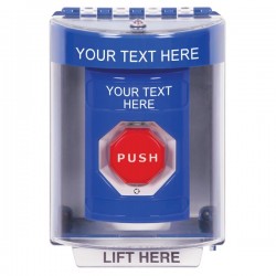 SS2479ZA-EN STI Blue Indoor/Outdoor Surface Turn-to-Reset Stopper Station w/ Custom Text Label