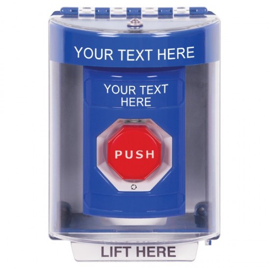 SS2479ZA-EN STI Blue Indoor/Outdoor Surface Turn-to-Reset Stopper Station w/ Custom Text Label