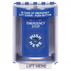 SS2480ES-EN STI Blue Indoor/Outdoor Surface w/ Horn Key-to-Reset Stopper Station with EMERGENCY STOP Label English