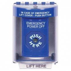 SS2480PO-EN STI Blue Indoor/Outdoor Surface w/ Horn Key-to-Reset Stopper Station with EMERGENCY POWER OFF Label English