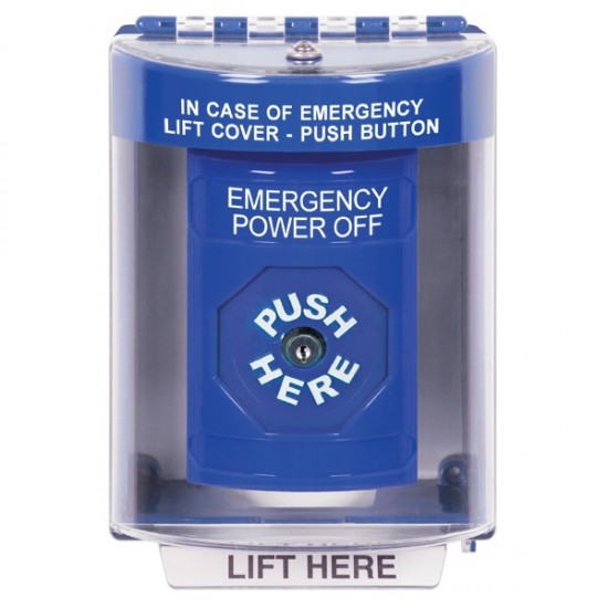 SS2480PO-EN STI Blue Indoor/Outdoor Surface w/ Horn Key-to-Reset Stopper Station with EMERGENCY POWER OFF Label English