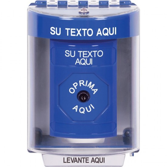 SS2480ZA-ES STI Blue Indoor/Outdoor Surface w/ Horn Key-to-Reset Stopper Station with Non-Returnable Custom Text Label Spanish