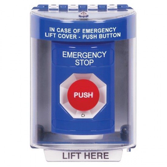 SS2481ES-EN STI Blue Indoor/Outdoor Surface w/ Horn Turn-to-Reset Stopper Station with EMERGENCY STOP Label English