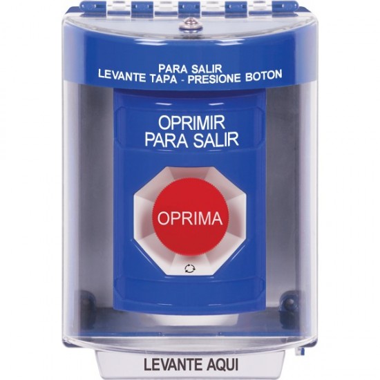 SS2481PX-ES STI Blue Indoor/Outdoor Surface w/ Horn Turn-to-Reset Stopper Station with PUSH TO EXIT Label Spanish
