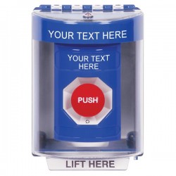 SS2481ZA-EN STI Blue Indoor/Outdoor Surface w/ Horn Turn-to-Reset Stopper Station with Non-Returnable Custom Text Label English