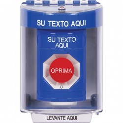 SS2481ZA-ES STI Blue Indoor/Outdoor Surface w/ Horn Turn-to-Reset Stopper Station with Non-Returnable Custom Text Label Spanish