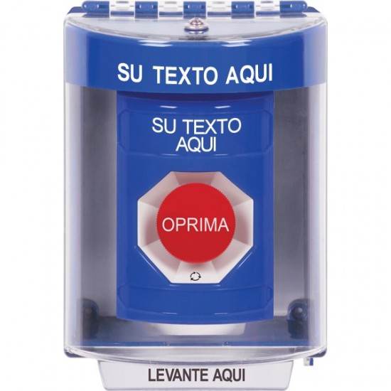 SS2481ZA-ES STI Blue Indoor/Outdoor Surface w/ Horn Turn-to-Reset Stopper Station with Non-Returnable Custom Text Label Spanish