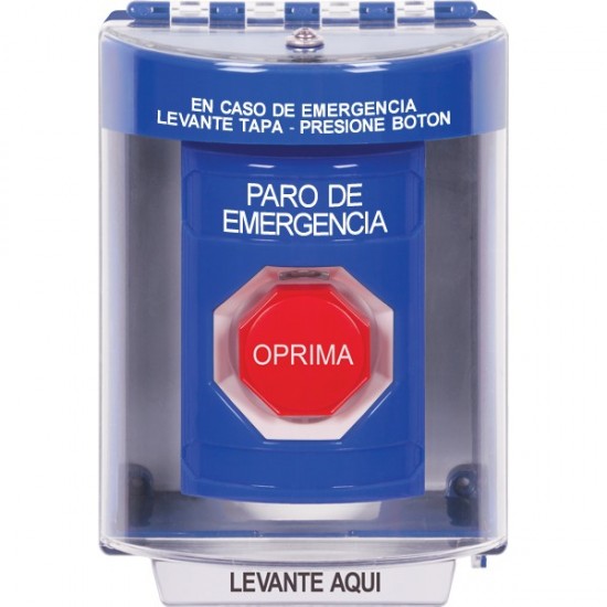 SS2482ES-ES STI Blue Indoor/Outdoor Surface w/ Horn Key-to-Reset Stopper Station w/ EMERGENCY STOP Spanish