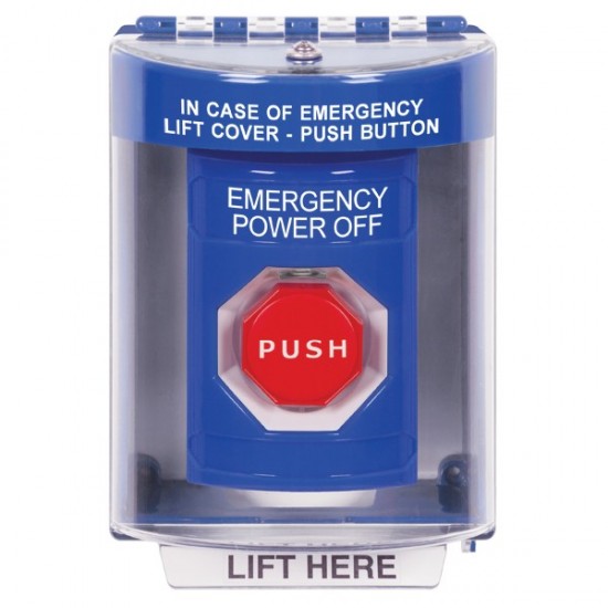 SS2482PO-EN STI Blue Indoor/Outdoor Surface w/ Horn Key-to-Reset Stopper Station w/ EMERGENCY POWER OFF Label