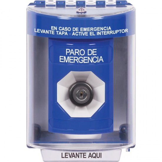 SS2483ES-ES STI Blue Indoor/Outdoor Surface w/ Horn Key-to-Activate Stopper Station with EMERGENCY STOP Label Spanish