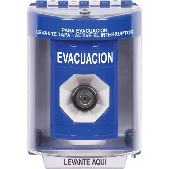SS2483EV-ES STI Blue Indoor/Outdoor Surface w/ Horn Key-to-Activate Stopper Station with EVACUATION Label Spanish