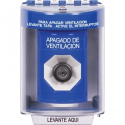 SS2483HV-ES STI Blue Indoor/Outdoor Surface w/ Horn Key-to-Activate Stopper Station with HVAC SHUT DOWN Label Spanish
