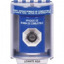 SS2483PS-ES STI Blue Indoor/Outdoor Surface w/ Horn Key-to-Activate Stopper Station with FUEL PUMP SHUT DOWN Label Spanish