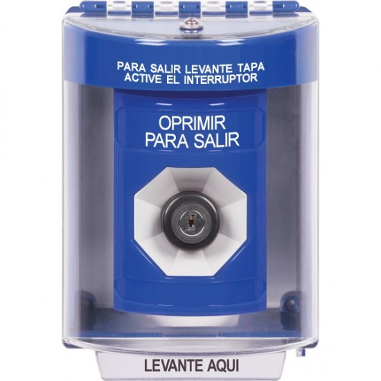 SS2483PX-ES STI Blue Indoor/Outdoor Surface w/ Horn Key-to-Activate Stopper Station with PUSH TO EXIT Label Spanish