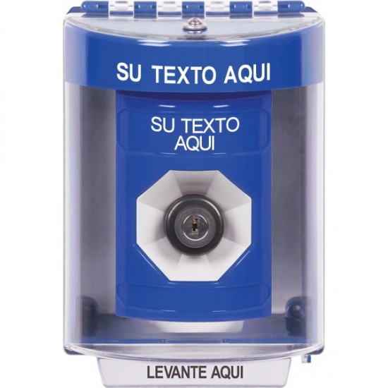 SS2483ZA-ES STI Blue Indoor/Outdoor Surface w/ Horn Key-to-Activate Stopper Station w/ Custom Text Spanish