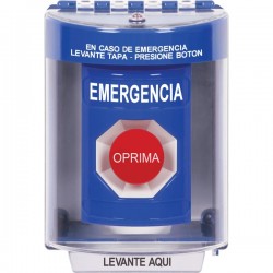 SS2484EM-ES STI Blue Indoor/Outdoor Surface w/ Horn Momentary Stopper Station with EMERGENCY Label Spanish