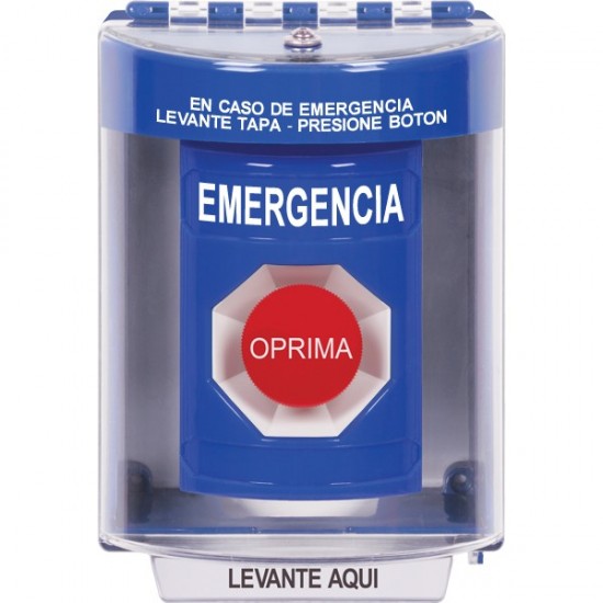 SS2484EM-ES STI Blue Indoor/Outdoor Surface w/ Horn Momentary Stopper Station with EMERGENCY Label Spanish