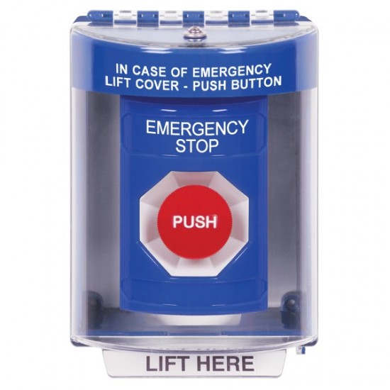 SS2484ES-EN STI Blue Indoor/Outdoor Surface w/ Horn Momentary Stopper Station with EMERGENCY STOP Label English