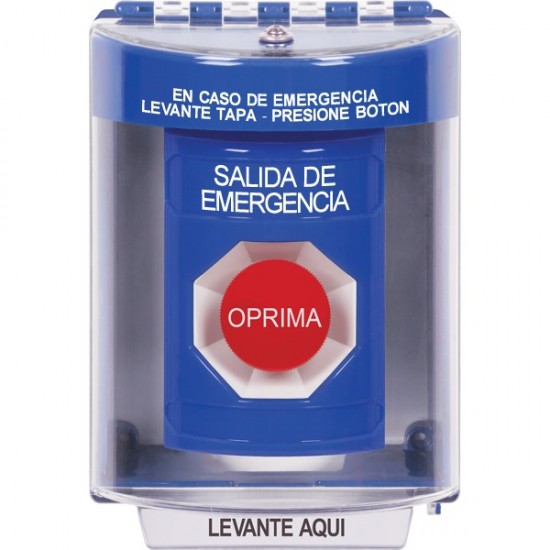 SS2484EX-ES STI Blue Indoor/Outdoor Surface w/ Horn Momentary Stopper Station with EMERGENCY EXIT Label Spanish