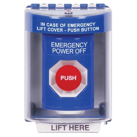 SS2484PO-EN STI Blue Indoor/Outdoor Surface w/ Horn Momentary Stopper Station with EMERGENCY POWER OFF Label English