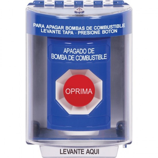 SS2484PS-ES STI Blue Indoor/Outdoor Surface w/ Horn Momentary Stopper Station with FUEL PUMP SHUT DOWN Label Spanish