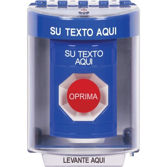 SS2484ZA-ES STI Blue Indoor/Outdoor Surface w/ Horn Momentary Stopper Station with Non-Returnable Custom Text Label Spanish