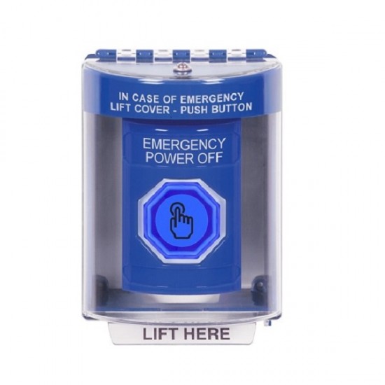 SS2486PO-EN STI Blue Indoor/Outdoor Surface w/ Horn Momentary (Illuminated) Stopper Station w/ EMERGENCY POWER OFF Label