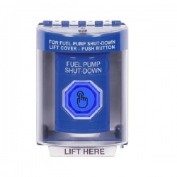 SS2486PS-EN STI Blue Indoor/Outdoor Surface w/ Horn Momentary (Illuminated) Stopper Station w/ FUEL PUMP SHUT DOWN Label