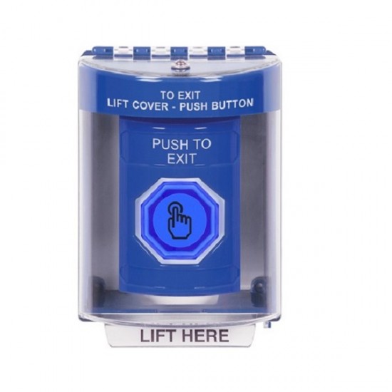 SS2486PX-EN STI Blue Indoor/Outdoor Surface w/ Horn Momentary (Illuminated) Stopper Station w/ PUSH TO EXIT Label
