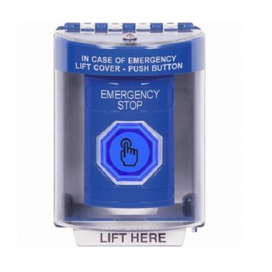 SS2487ES-EN STI Blue Indoor/Outdoor Surface w/ Horn Weather Resistant Momentary Stopper Station w/ EMERGENCY STOP Label