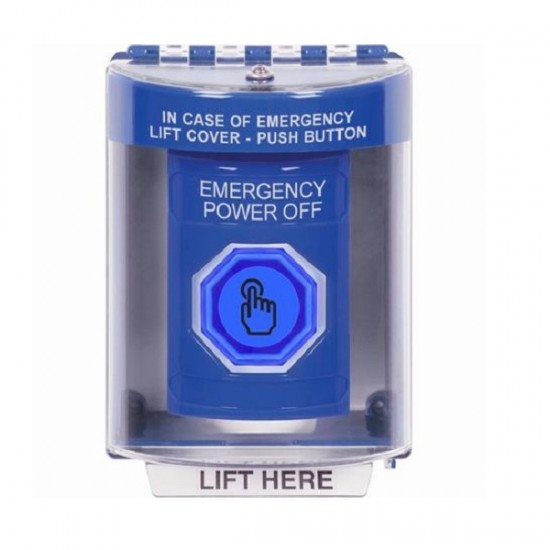 SS2487PO-EN STI Blue Indoor/Outdoor Surface w/ Horn Weather Resistant Momentary Stopper Station w/ EMERGENCY POWER OFF Label