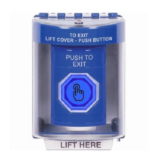SS2487PX-EN STI Blue Indoor/Outdoor Surface w/ Horn Weather Resistant Momentary Stopper Station w/ PUSH TO EXIT Label