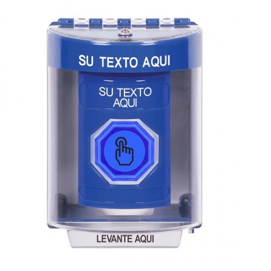 SS2487ZA-ES STI Blue Indoor/Outdoor Surface w/ Horn Weather Resistant Momentary Stopper Station w/ Custom Text Spanish