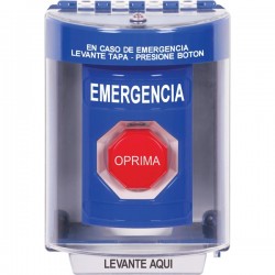 SS2488EM-ES STI Blue Indoor/Outdoor Surface w/ Horn Pneumatic (Illuminated) Stopper Station with EMERGENCY Label Spanish