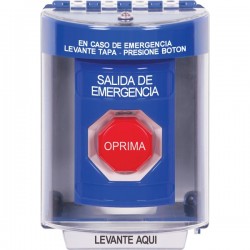 SS2488EX-ES STI Blue Indoor/Outdoor Surface w/ Horn Pneumatic (Illuminated) Stopper Station with EMERGENCY EXIT Label Spanish