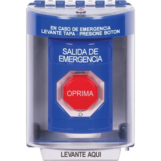 SS2489EX-ES STI Blue Indoor/Outdoor Surface w/ Horn Turn-to-Reset Stopper Station w/ EMERGENCY EXIT Spanish