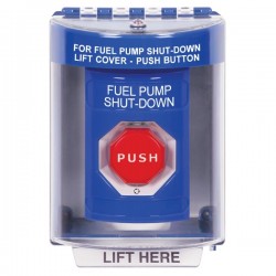SS2489PS-EN STI Blue Indoor/Outdoor Surface w/ Horn Turn-to-Reset Stopper Station w/ FUEL PUMP SHUT DOWN Label