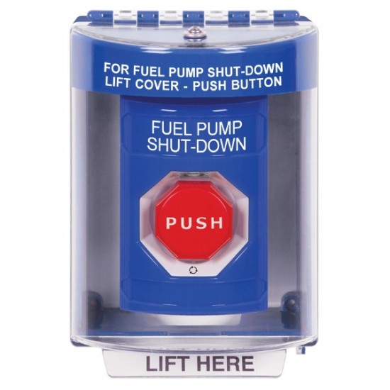 SS2489PS-EN STI Blue Indoor/Outdoor Surface w/ Horn Turn-to-Reset Stopper Station w/ FUEL PUMP SHUT DOWN Label