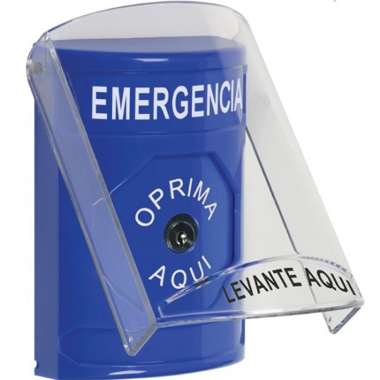 SS24A0EM-ES STI Blue Indoor Only Flush or Surface w/ Horn Key-to-Reset Stopper Station with EMERGENCY Label Spanish