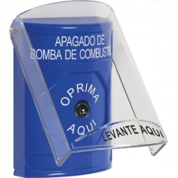 SS24A0PS-ES STI Blue Indoor Only Flush or Surface w/ Horn Key-to-Reset Stopper Station with FUEL PUMP SHUT DOWN Label Spanish