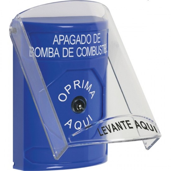 SS24A0PS-ES STI Blue Indoor Only Flush or Surface w/ Horn Key-to-Reset Stopper Station with FUEL PUMP SHUT DOWN Label Spanish