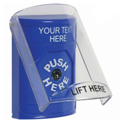 SS24A0ZA-EN STI Blue Indoor Flush/Surface w/ Horn Key-to-Reset Stopper Station w/ Custom Text Label