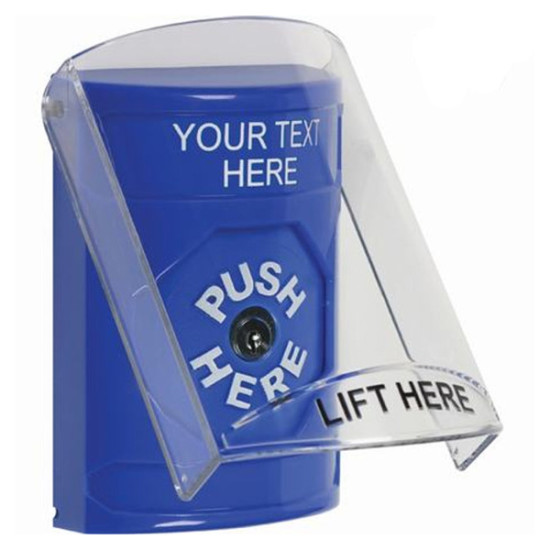 SS24A0ZA-EN STI Blue Indoor Flush/Surface w/ Horn Key-to-Reset Stopper Station w/ Custom Text Label