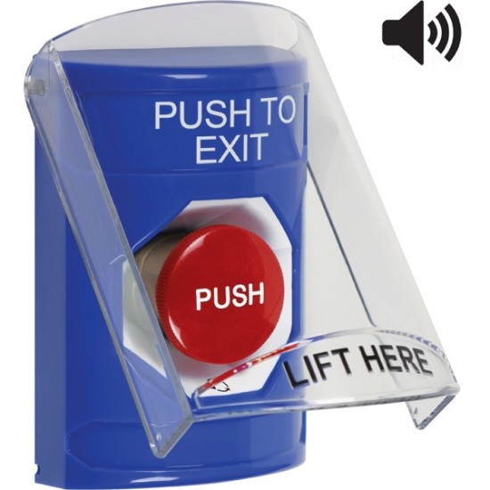 SS24A1PX-EN STI Blue Indoor Only Flush or Surface w/ Horn Turn-to-Reset Stopper Station with PUSH TO EXIT Label English