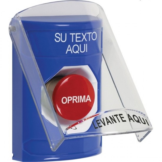 SS24A1ZA-ES STI Blue Indoor Flush/Surface w/ Horn Turn-to-Reset Stopper Station w/ Custom Text Spanish